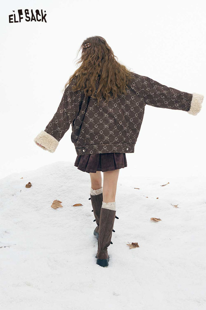 ELFSACK Soft Full Printing Letter Graphic Plush Lapel Plush Cuff Coat