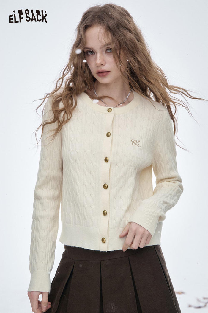 ELFSACK Soft Golden Button Embroidered Knit Sweater