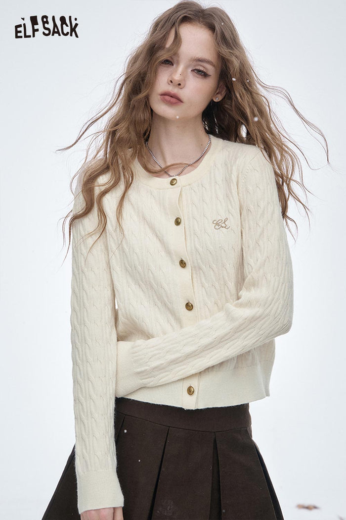 ELFSACK Soft Golden Button Embroidered Knit Sweater