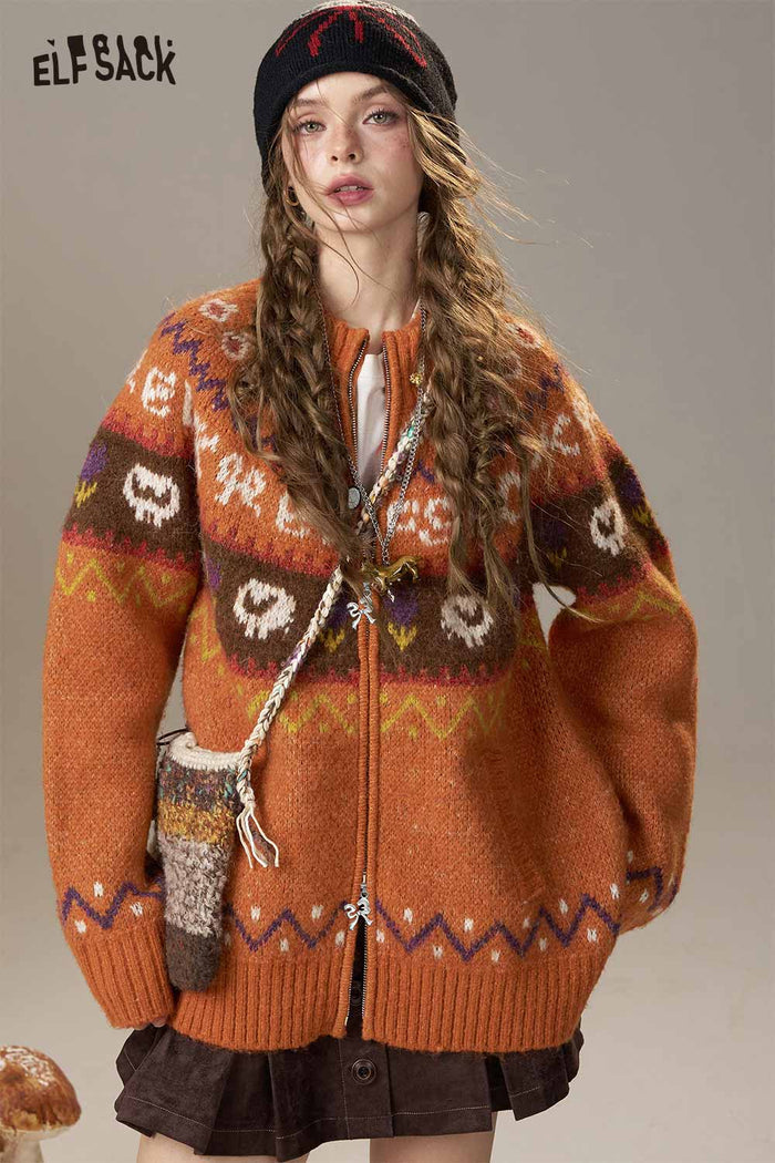 ELFSACK Soft Knit Bohemian Color Block Print Oversize Cardigan