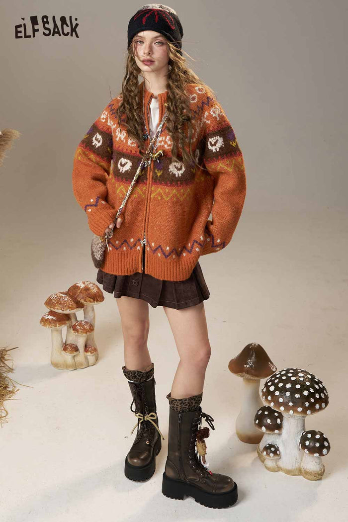 ELFSACK Soft Knit Bohemian Color Block Print Oversize Cardigan