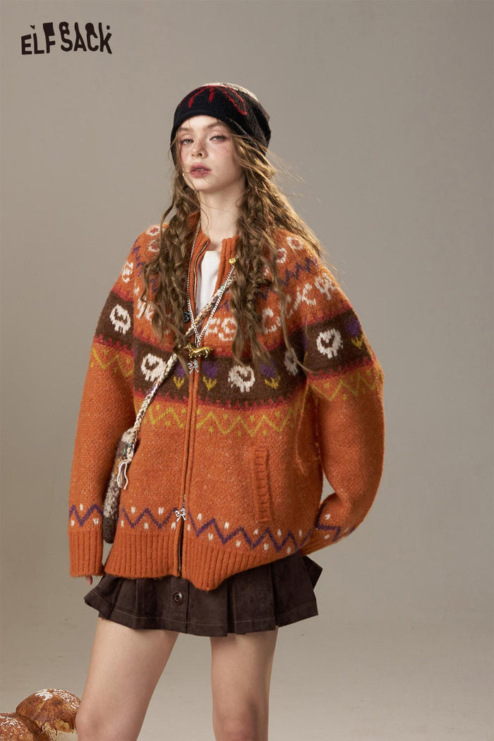 ELFSACK Soft Knit Bohemian Color Block Print Oversize Cardigan
