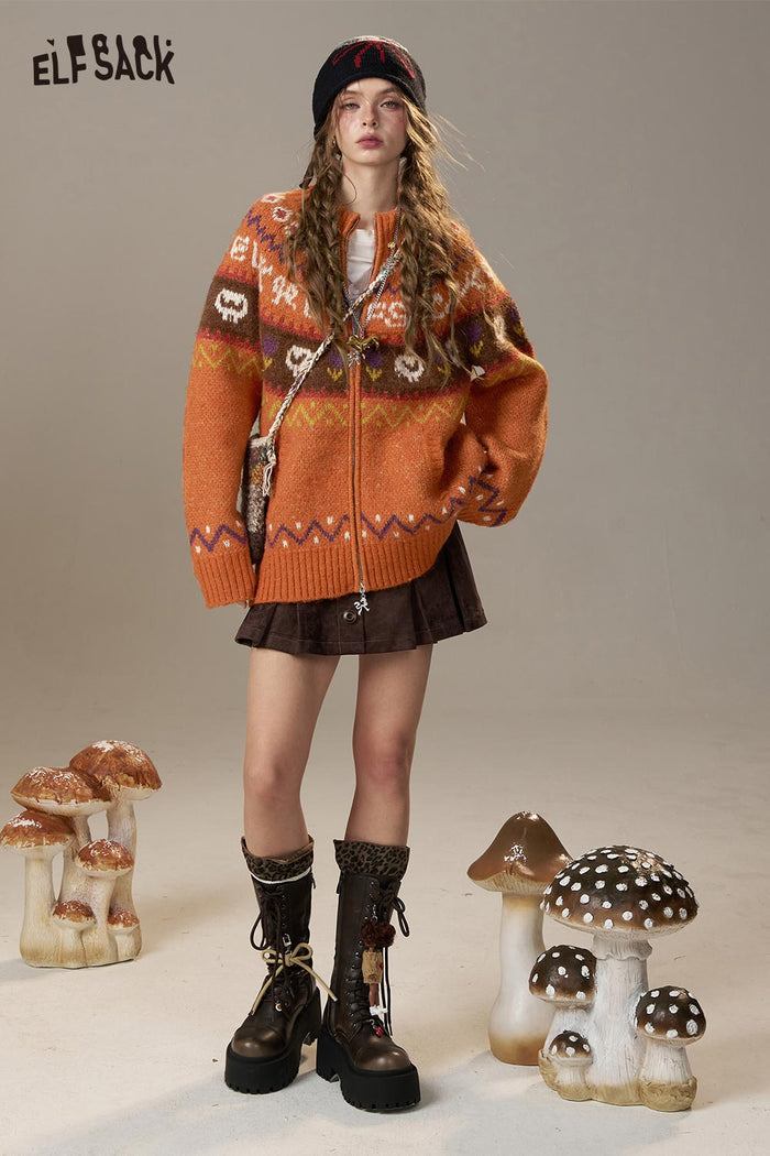 ELFSACK Soft Knit Bohemian Color Block Print Oversize Cardigan