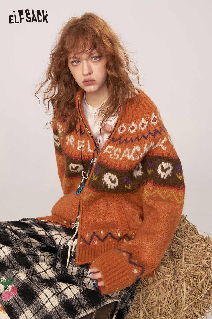 ELFSACK Soft Knit Bohemian Color Block Print Oversize Cardigan