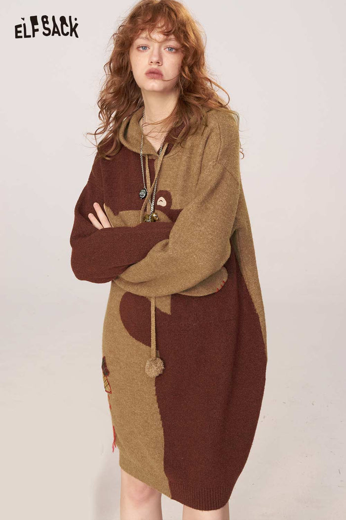 ELFSACK Soft Knit Cartoon Hugging Bear Motif Sweater Dress