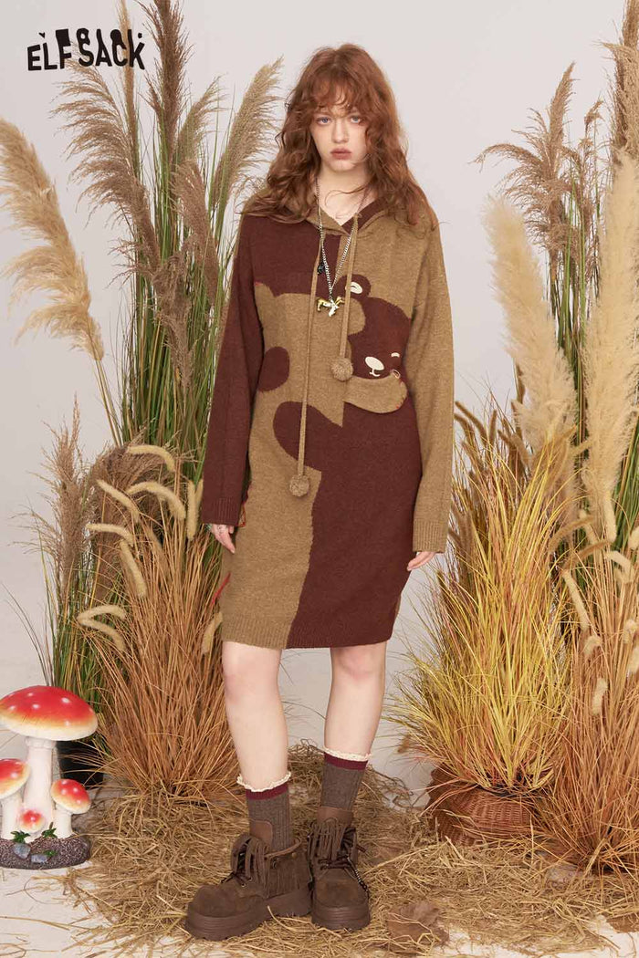 ELFSACK Soft Knit Cartoon Hugging Bear Motif Sweater Dress