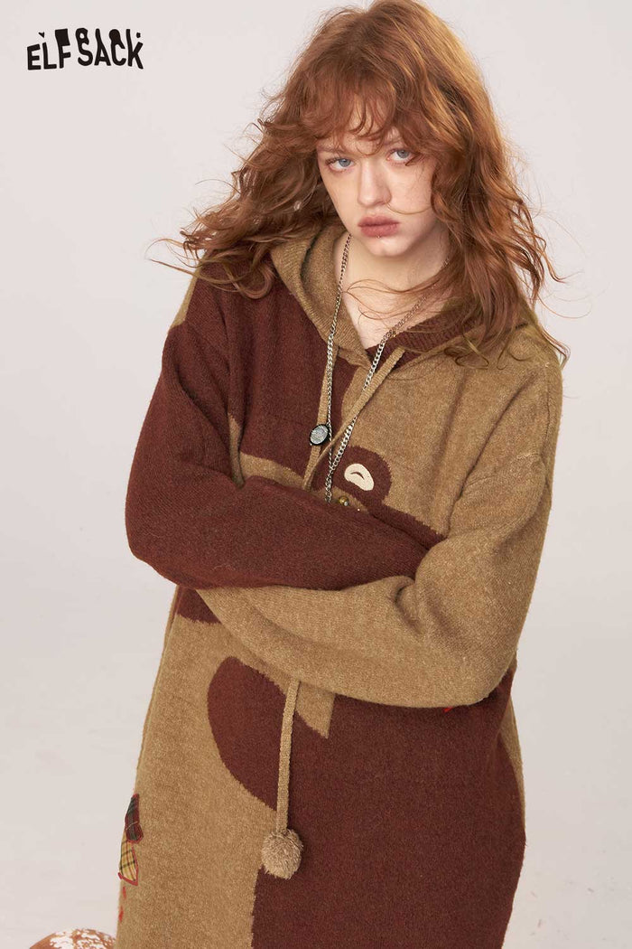 ELFSACK Soft Knit Cartoon Hugging Bear Motif Sweater Dress