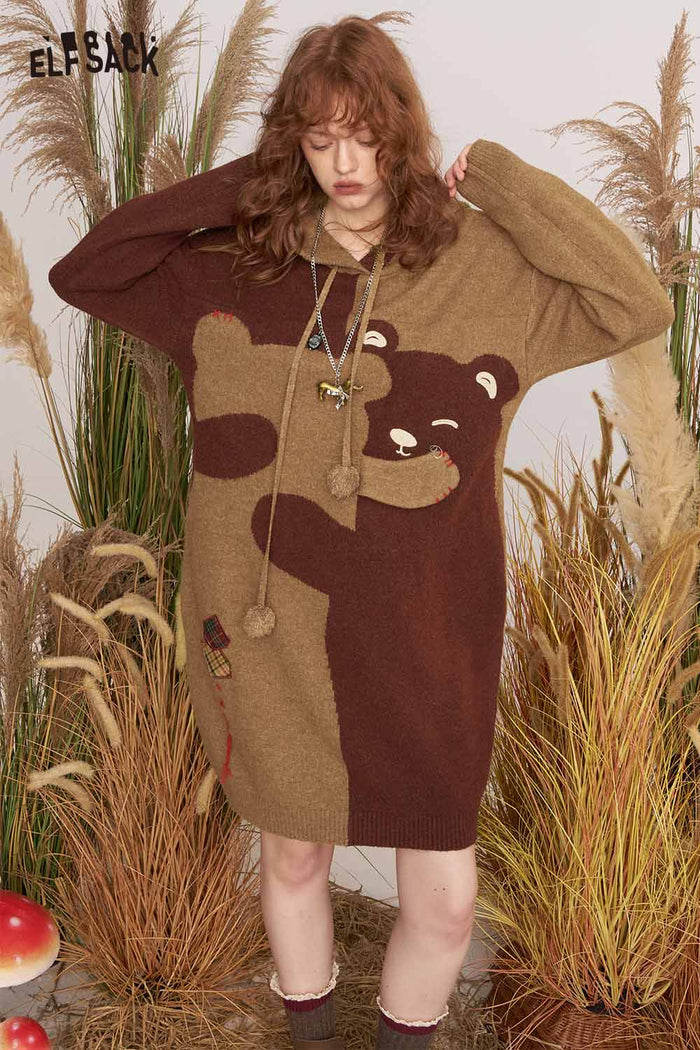 ELFSACK Soft Knit Cartoon Hugging Bear Motif Sweater Dress