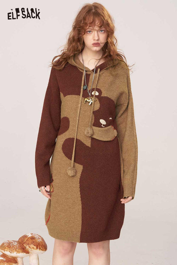 ELFSACK Soft Knit Cartoon Hugging Bear Motif Sweater Dress