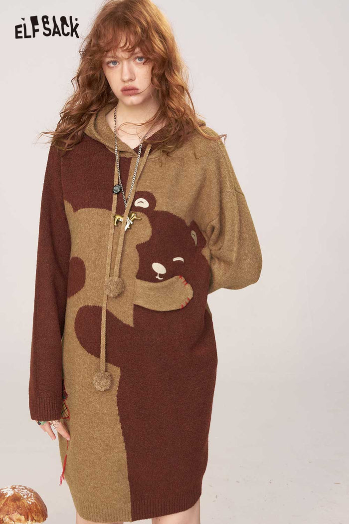 ELFSACK Soft Knit Cartoon Hugging Bear Motif Sweater Dress