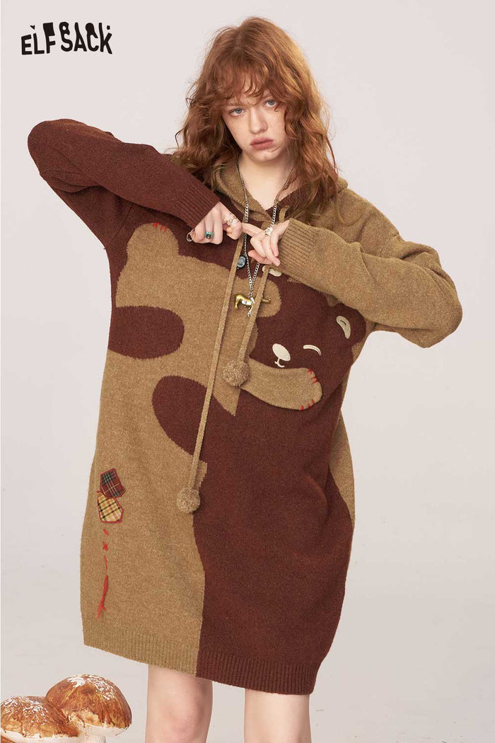 ELFSACK Soft Knit Cartoon Hugging Bear Motif Sweater Dress