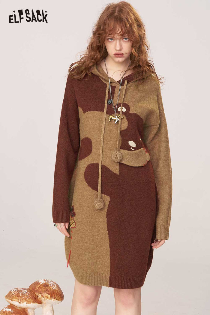 ELFSACK Soft Knit Cartoon Hugging Bear Motif Sweater Dress