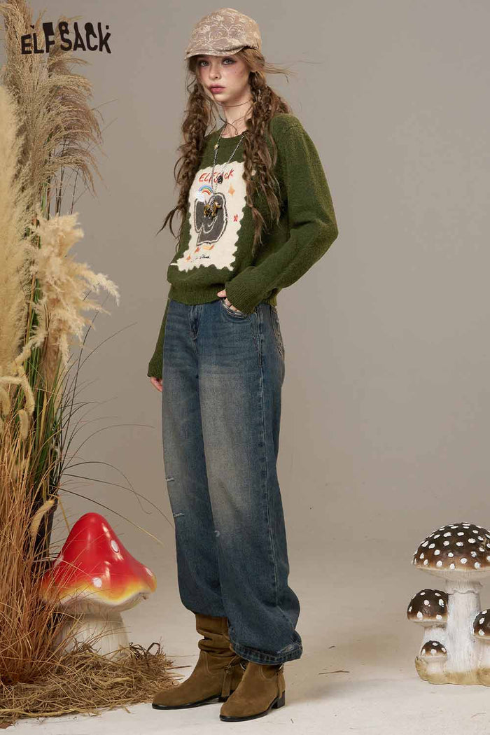 ELFSACK Soft Knit Cartoon Kitten Embroidery Design Round Neck Sweater