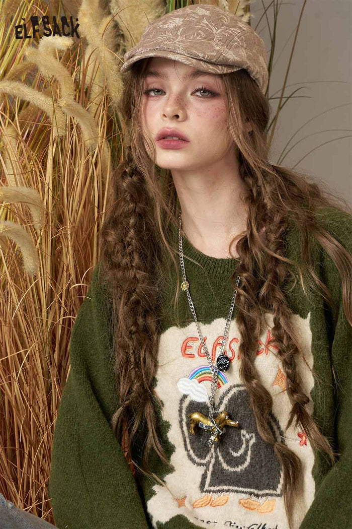 ELFSACK Soft Knit Cartoon Kitten Embroidery Design Round Neck Sweater