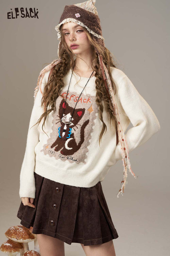 ELFSACK Soft Knit Cartoon Kitten Embroidery Design Round Neck Sweater