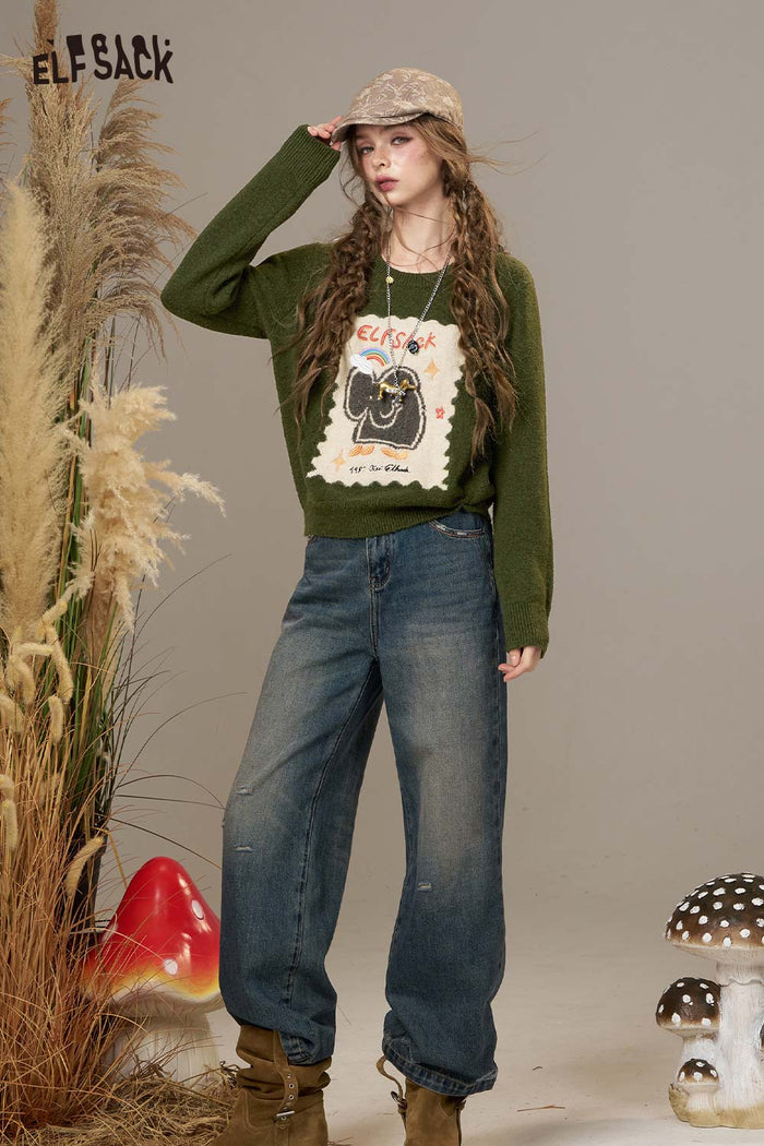 ELFSACK Soft Knit Cartoon Kitten Embroidery Design Round Neck Sweater
