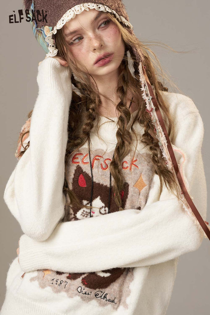 ELFSACK Soft Knit Cartoon Kitten Embroidery Design Round Neck Sweater