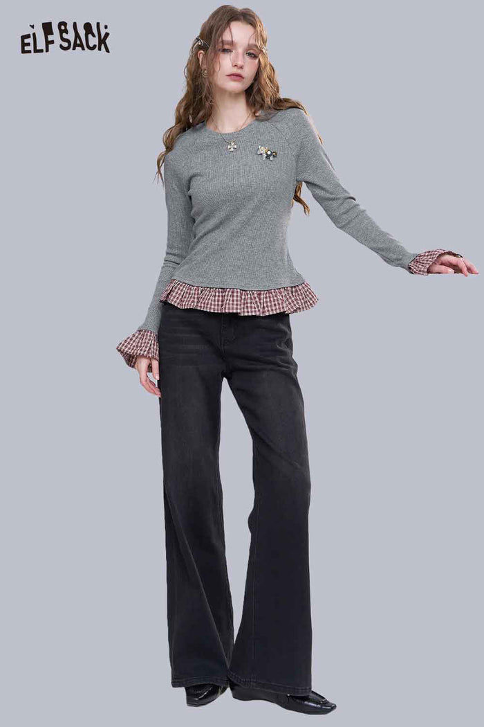ELFSACK Soft Knit Color Block Plaid Panel Lace Trim Mock Layered Pullover