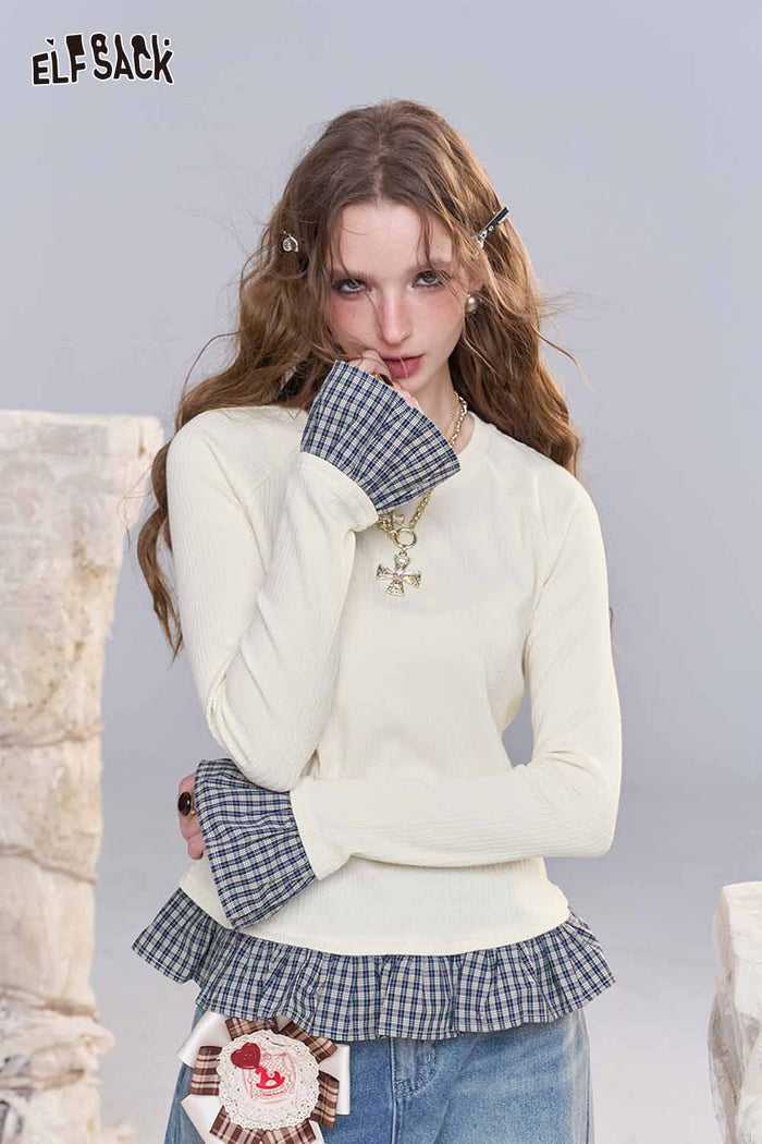 ELFSACK Soft Knit Color Block Plaid Panel Lace Trim Mock Layered Pullover