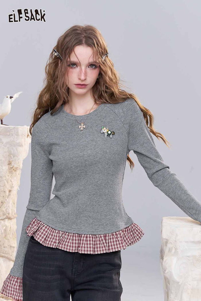 ELFSACK Soft Knit Color Block Plaid Panel Lace Trim Mock Layered Pullover