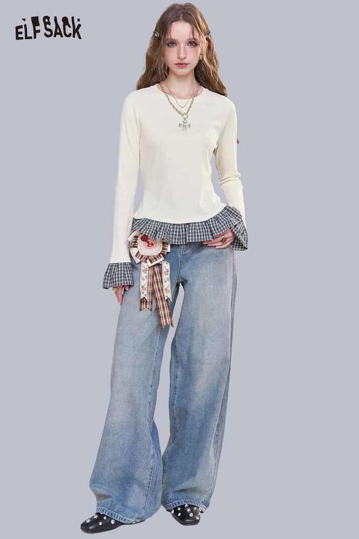 ELFSACK Soft Knit Color Block Plaid Panel Lace Trim Mock Layered Pullover