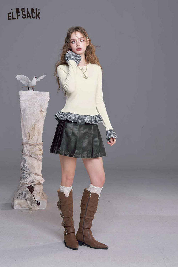 ELFSACK Soft Knit Color Block Plaid Panel Lace Trim Mock Layered Pullover