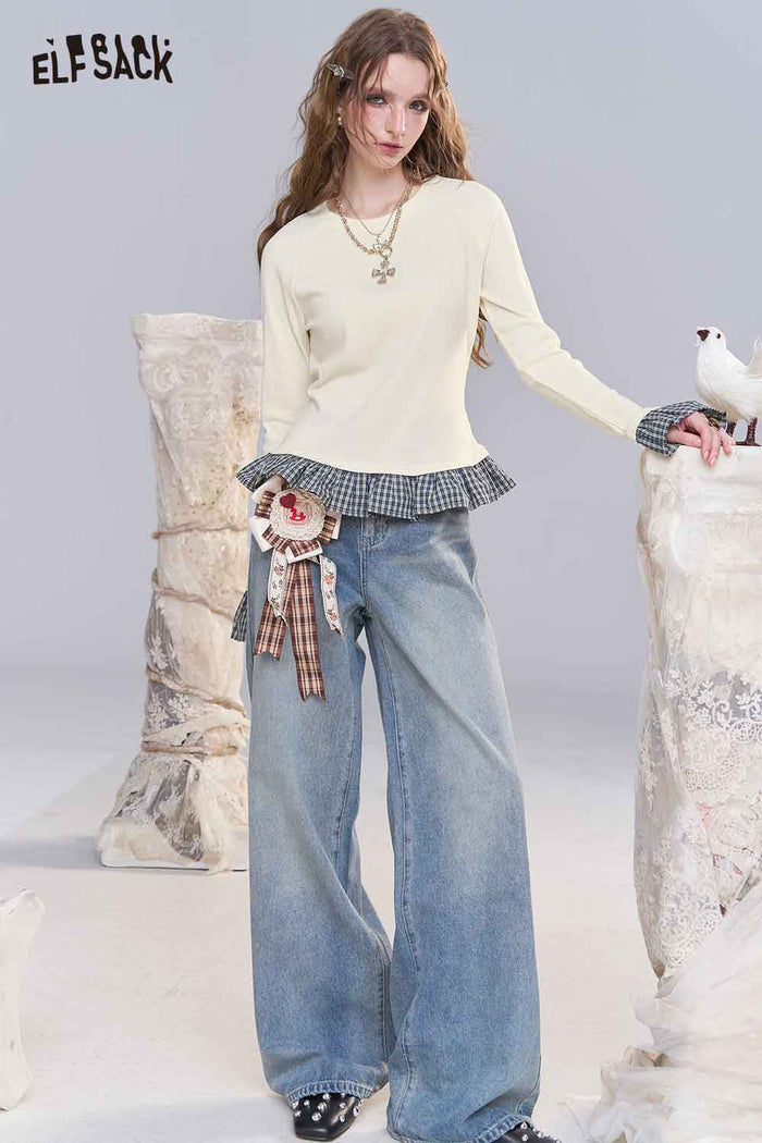 ELFSACK Soft Knit Color Block Plaid Panel Lace Trim Mock Layered Pullover