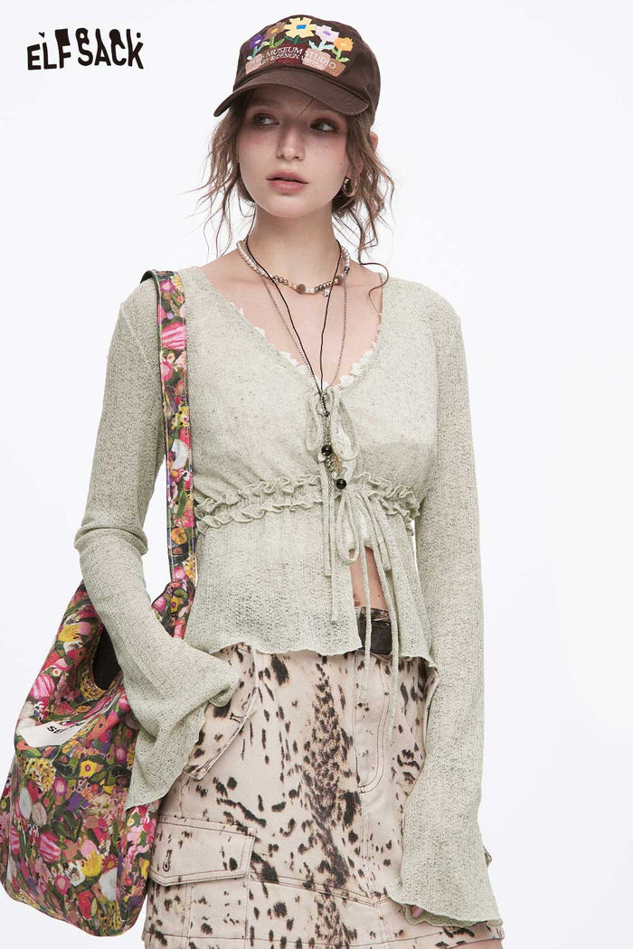 ELFSACK Soft Knit Lace-Up V-Neck Cardigan