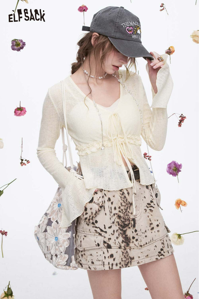 ELFSACK Soft Knit Lace-Up V-Neck Cardigan