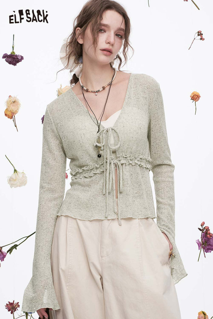 ELFSACK Soft Knit Lace-Up V-Neck Cardigan