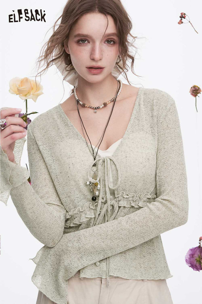 ELFSACK Soft Knit Lace-Up V-Neck Cardigan