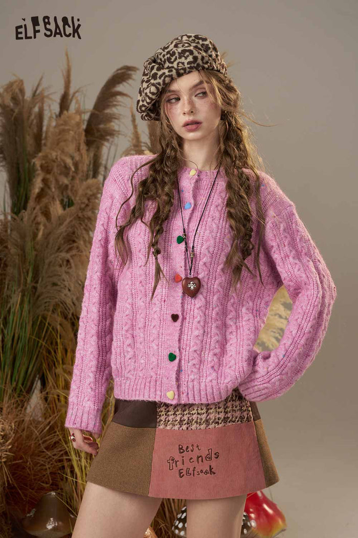 ELFSACK Soft Knit Multicolor Heart Button Solid Color Cardigan