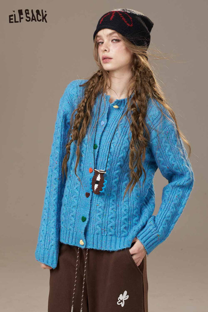 ELFSACK Soft Knit Multicolor Heart Button Solid Color Cardigan