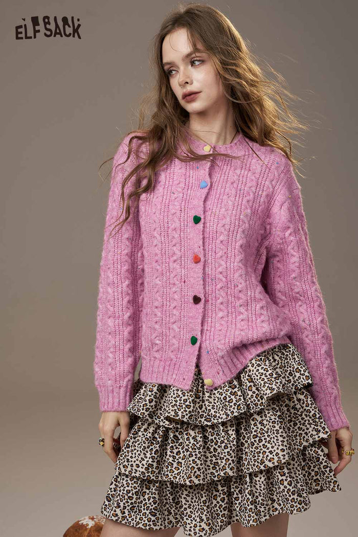 ELFSACK Soft Knit Multicolor Heart Button Solid Color Cardigan