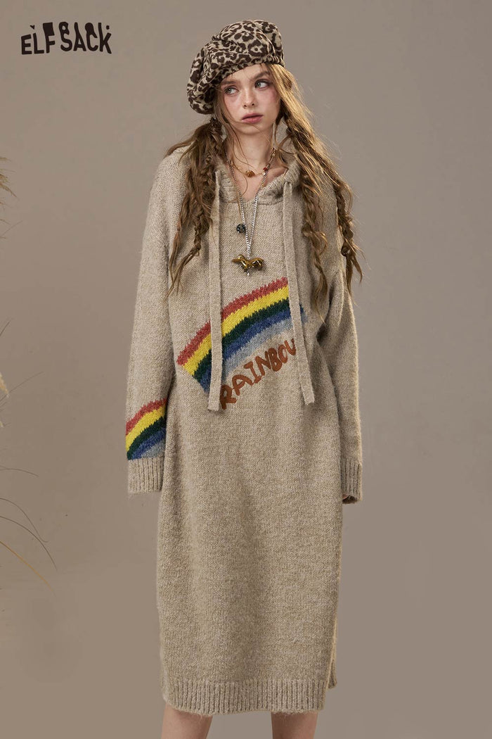 ELFSACK Soft Knit Rainbow Cartoon Print Sweater Dress