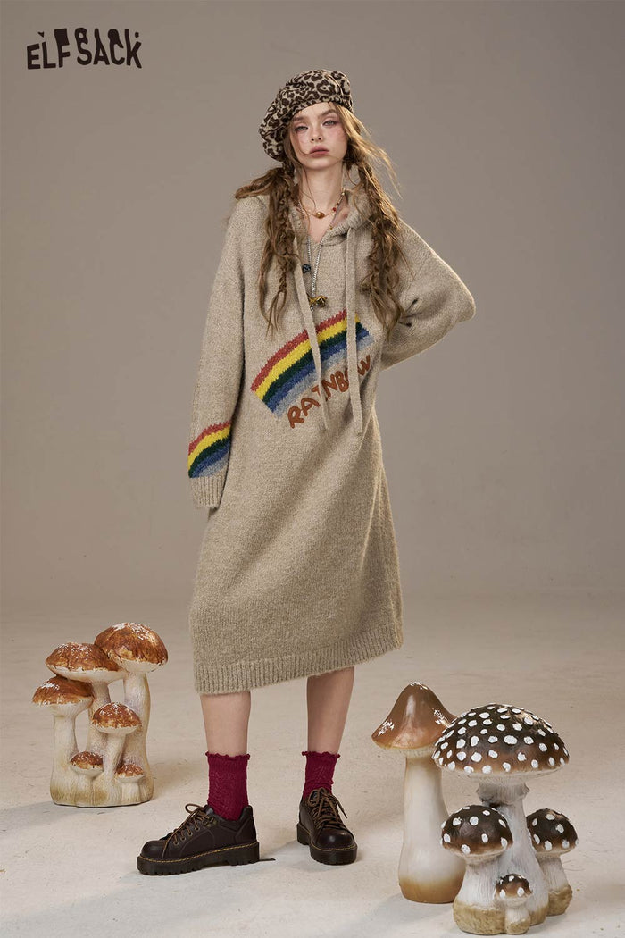 ELFSACK Soft Knit Rainbow Cartoon Print Sweater Dress