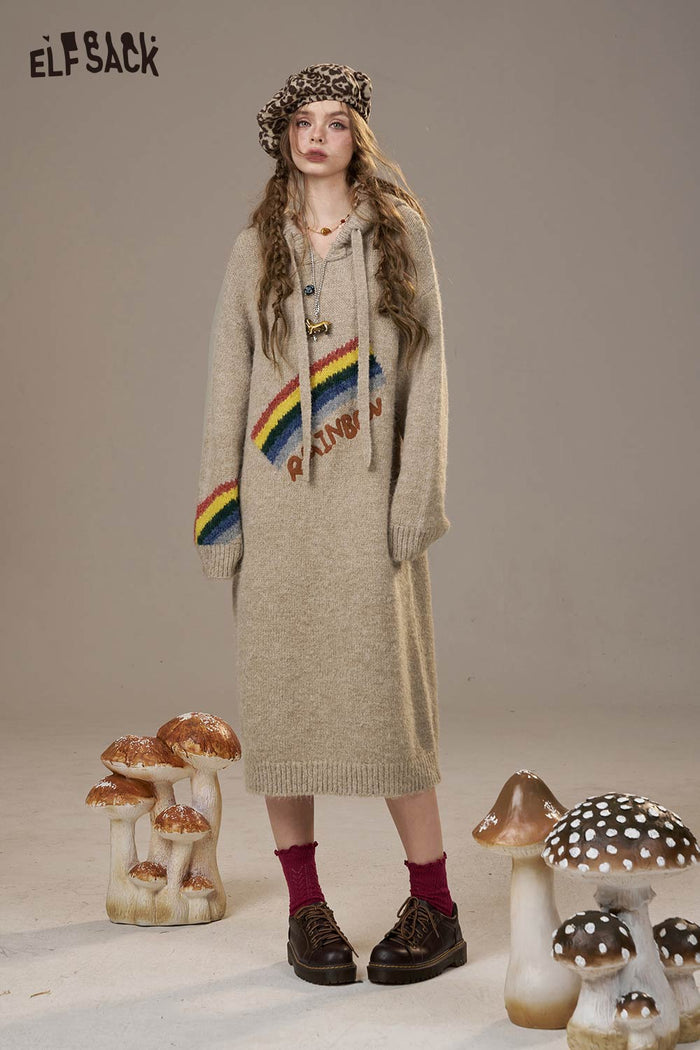 ELFSACK Soft Knit Rainbow Cartoon Print Sweater Dress