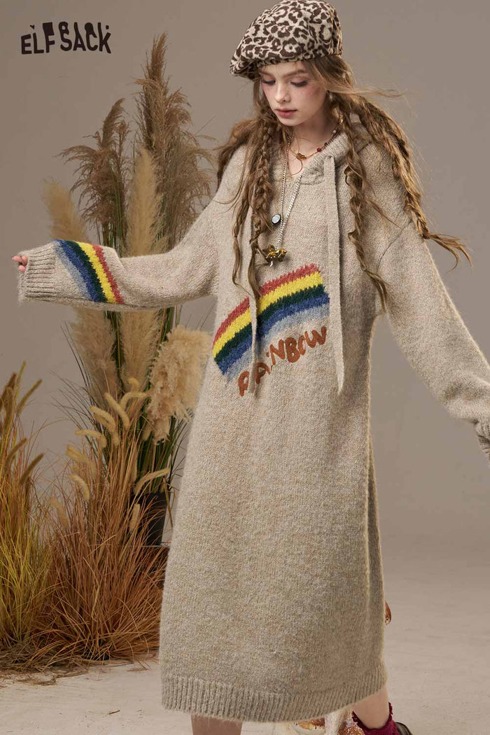 ELFSACK Soft Knit Rainbow Cartoon Print Sweater Dress