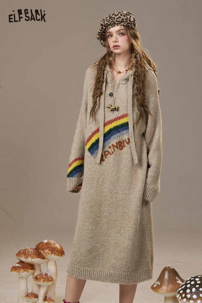 ELFSACK Soft Knit Rainbow Cartoon Print Sweater Dress