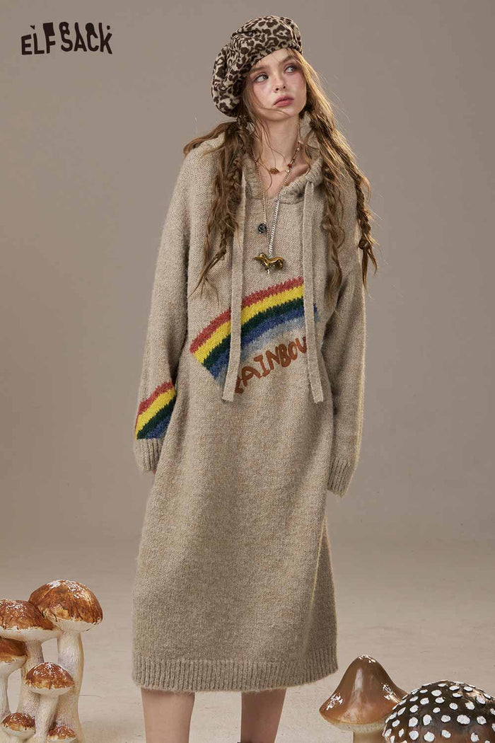 ELFSACK Soft Knit Rainbow Cartoon Print Sweater Dress