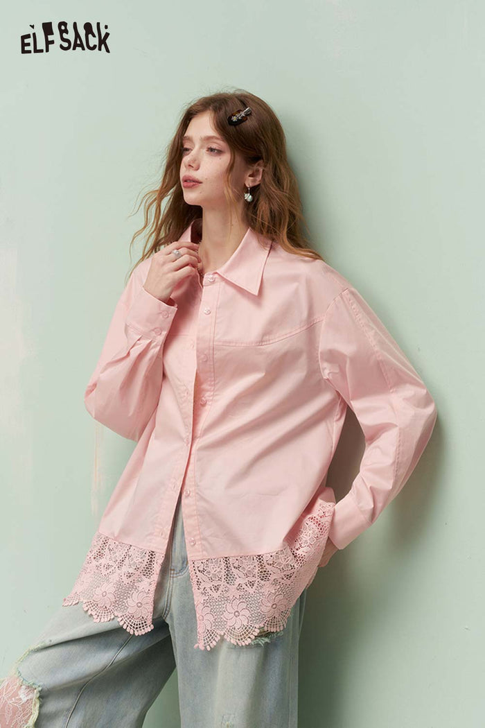 ELFSACK Soft Lace Insert Loose Fit Long Shirt