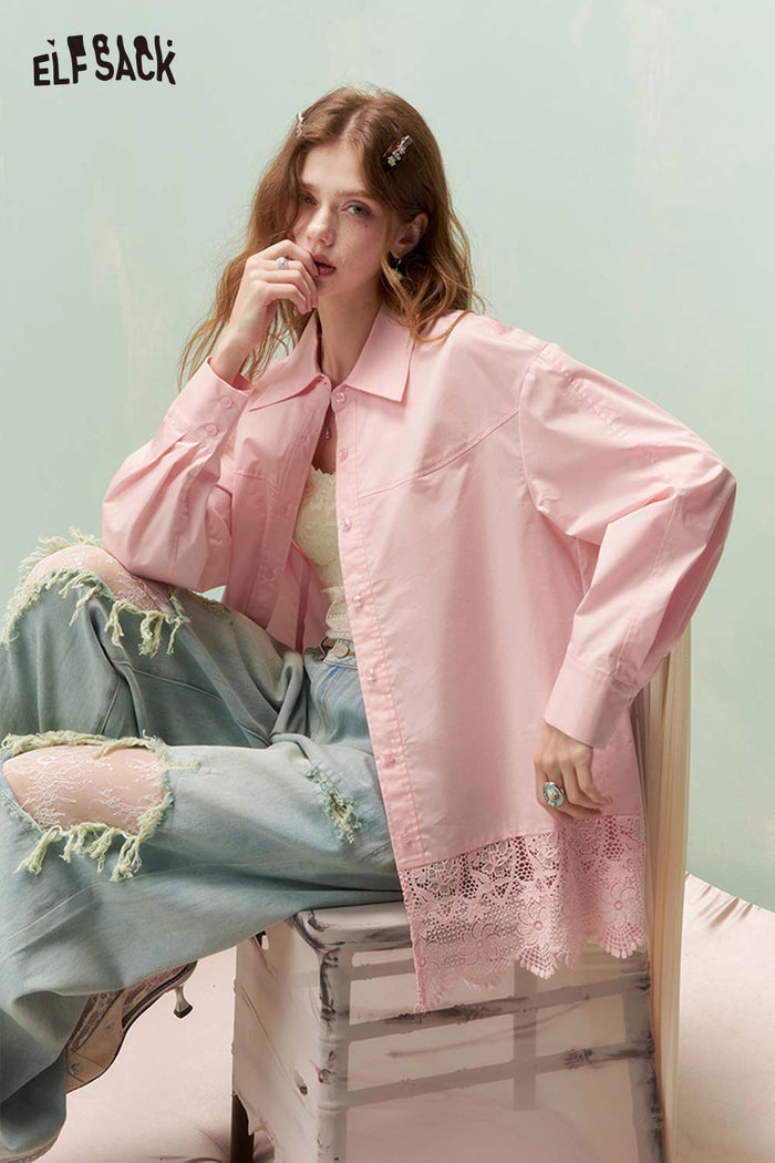 ELFSACK Soft Lace Insert Loose Fit Long Shirt