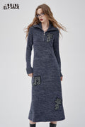 ELFSACK Soft Lapel Collar Musical Note Embroidery Knit Sheath Dress