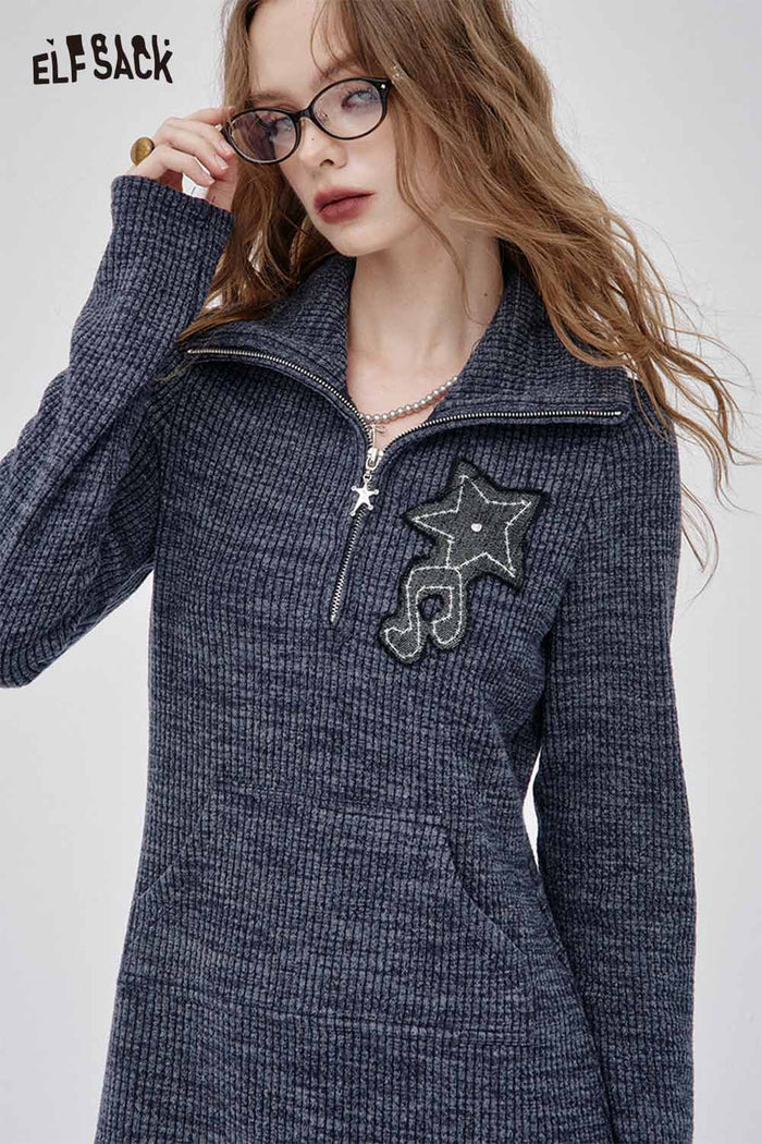 ELFSACK Soft Lapel Collar Musical Note Embroidery Knit Sheath Dress