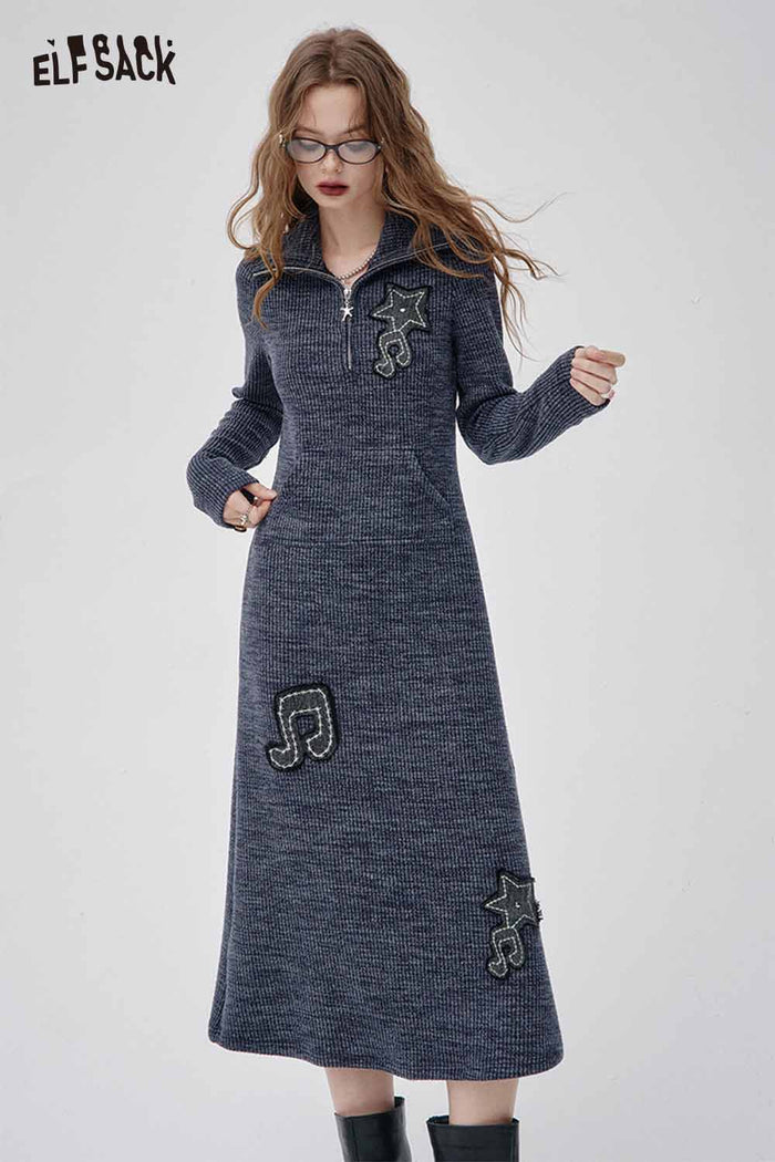 ELFSACK Soft Lapel Collar Musical Note Embroidery Knit Sheath Dress
