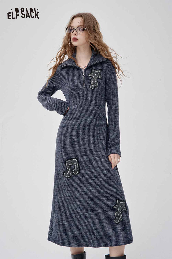 ELFSACK Soft Lapel Collar Musical Note Embroidery Knit Sheath Dress