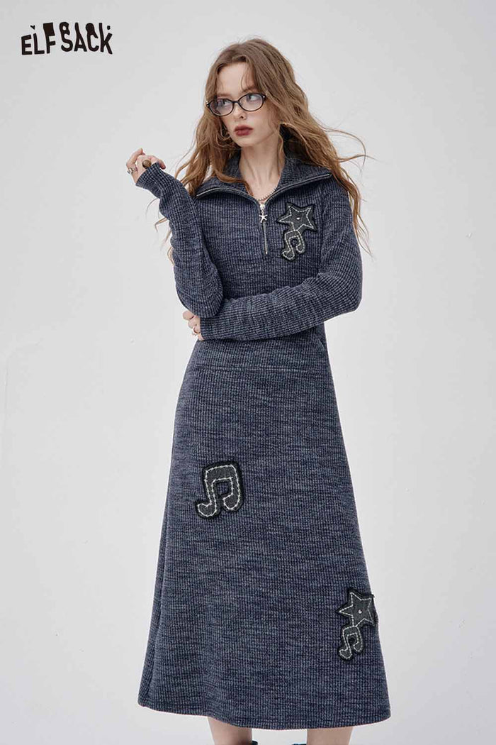 ELFSACK Soft Lapel Collar Musical Note Embroidery Knit Sheath Dress