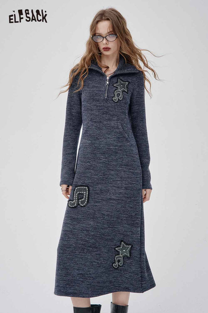 ELFSACK Soft Lapel Collar Musical Note Embroidery Knit Sheath Dress