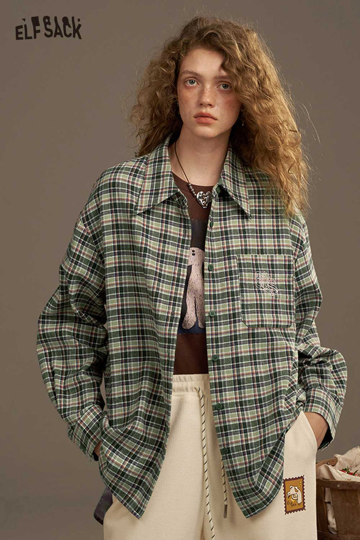 ELFSACK Soft Large Scale Print Design On The Back Plaid Shirt
