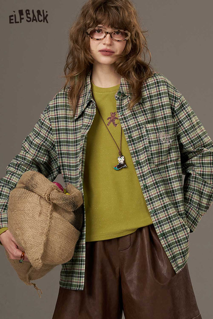 ELFSACK Soft Large Scale Print Design On The Back Plaid Shirt